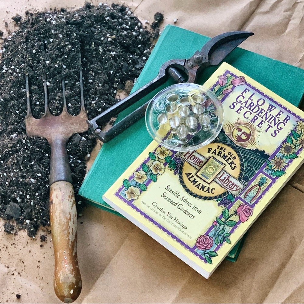 Vintage Garden books, tools, flower frog /bundle